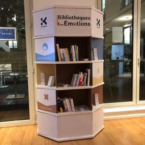 Une Bibliothèque des Émotions installée dans un hall