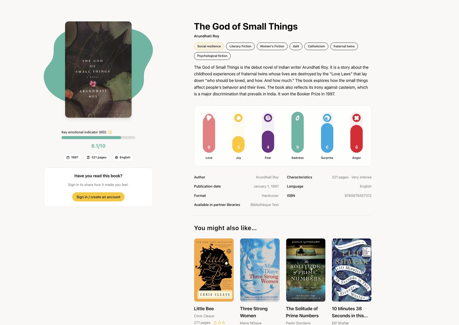 Book page on the Libraries of Emotions platform: The God of Small Things by Arundhati Roy, with its KEI indicator of 8.1 out of 10 and its profile across six emotions (love, joy, fear, sadness, surprise, anger).