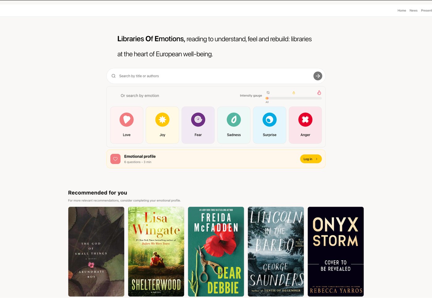 Home page of the Libraries of Emotions platform: search by title or by emotion (love, joy, fear, sadness, surprise, anger) and recommended books.
